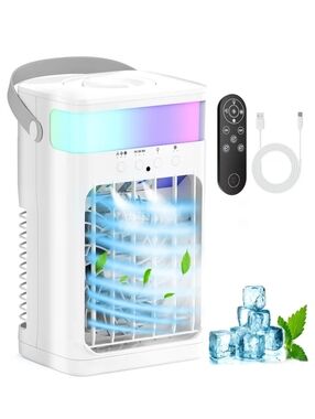 Portable Air Cooler Fan AC, 1500ML Tank Remote RGB USB, 3 Speed